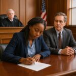 A woman seated at a courtroom table writing a document as a judge observes from the bench and a man in a suit sits beside her.
