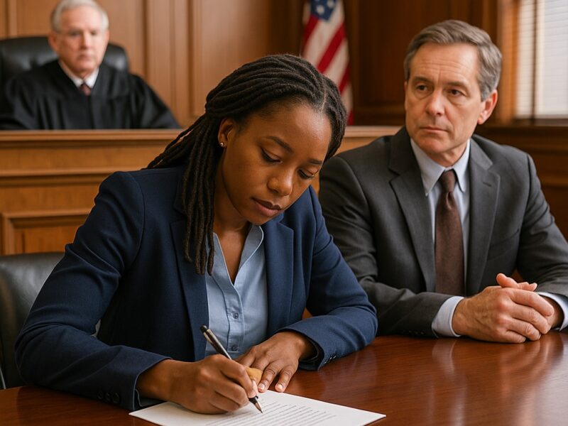 A woman seated at a courtroom table writing a document as a judge observes from the bench and a man in a suit sits beside her.
