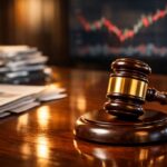 Polished wooden gavel resting on a glossy mahogany table, with blurred financial documents and a stock market chart in the background.